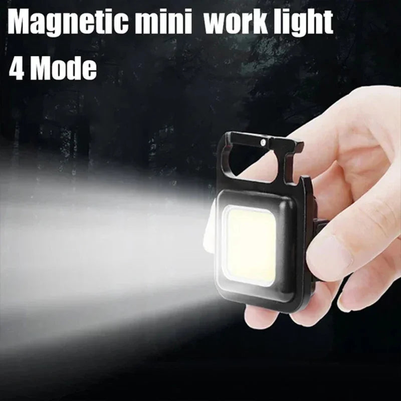 Ultra-Bright Mini LED Work Light: USB Rechargeable Keychain Flashlight with Magnetic Base, Bottle Opener & Foldable Stand for Camping & Emergency
