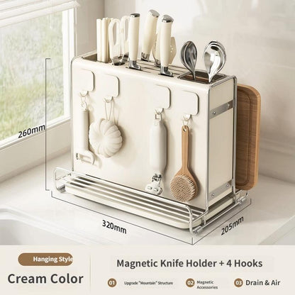 All-in-One Kitchen Countertop Organizer: Magnetic Knife Block, Utensil Caddy & Cutting Board Stand with Removable Drain Tray