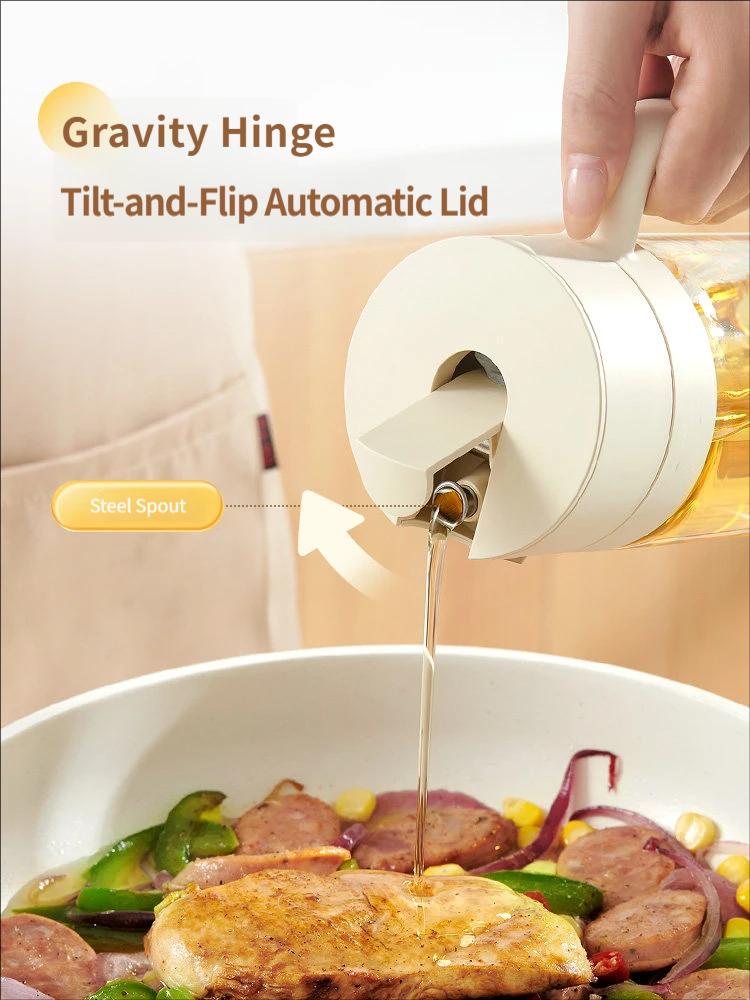 Automatic Gravity Flip Oil Dispenser: Leak-Proof Food-Grade Glass Bottle with No-Drip Spout for Olive Oil, Soy Sauce & Vinegar