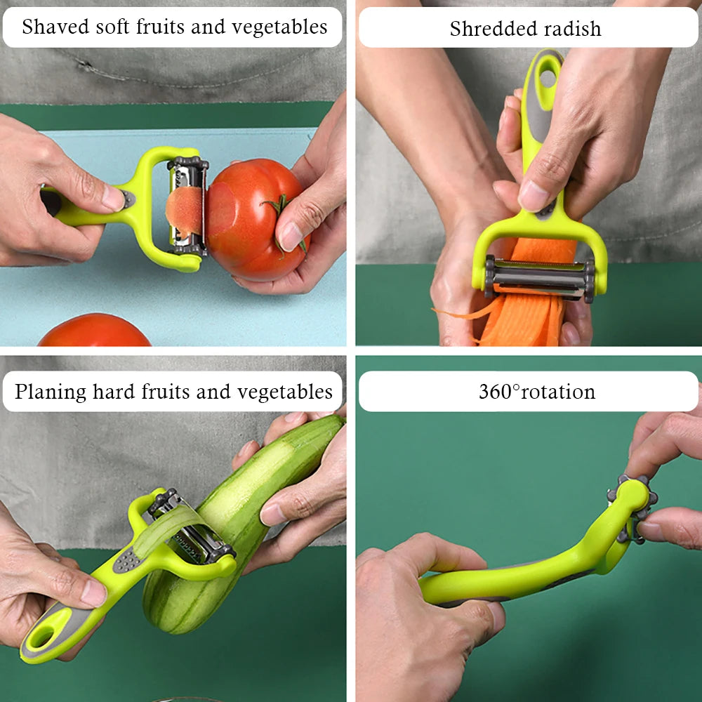 3-in-1 Multifunctional Rotary Peeler: Stainless Steel Julienne, Serrated & Standard Blades for Fruit, Vegetable & Potato Slicing