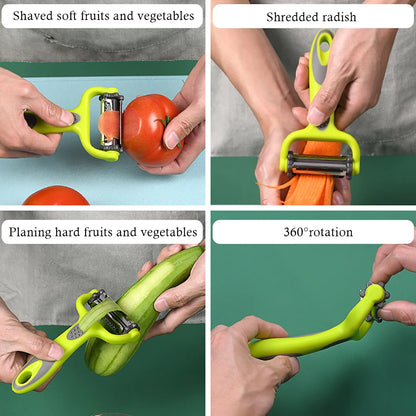 3-in-1 Multifunctional Rotary Peeler: Stainless Steel Julienne, Serrated & Standard Blades for Fruit, Vegetable & Potato Slicing