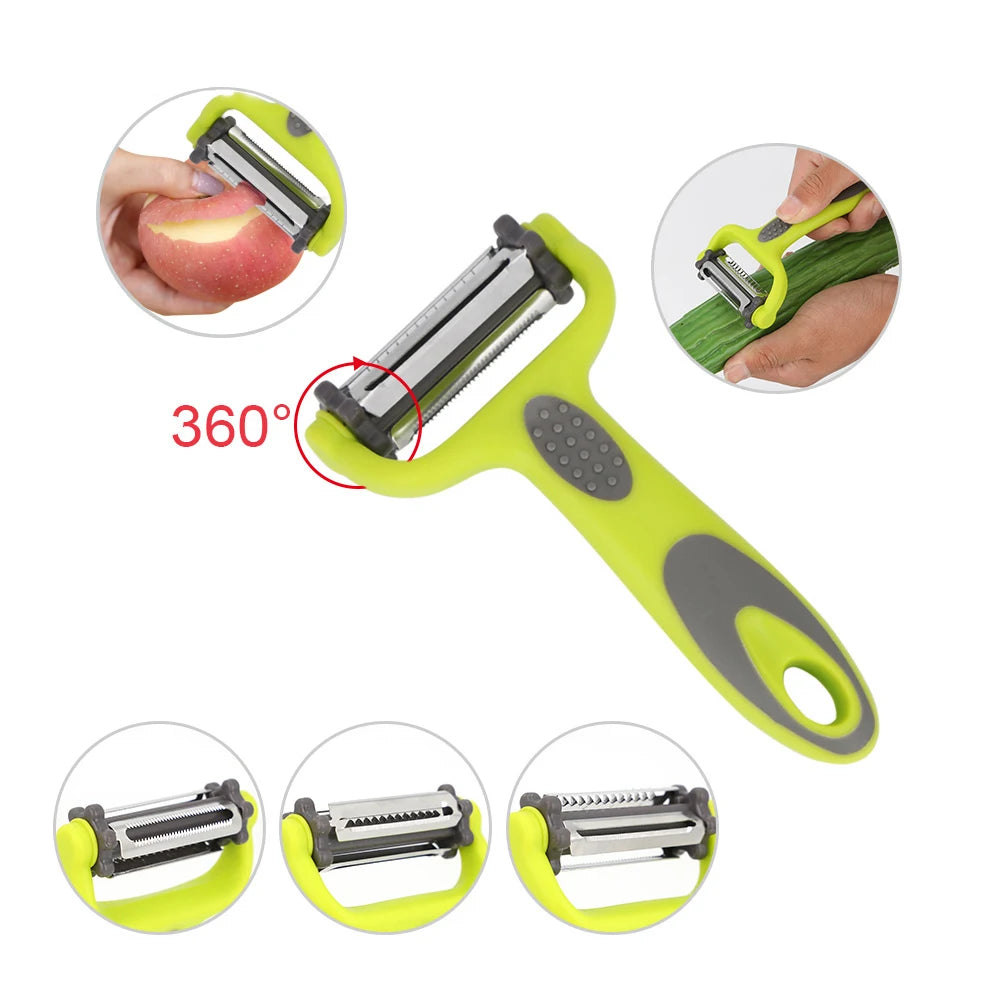 3-in-1 Multifunctional Rotary Peeler: Stainless Steel Julienne, Serrated & Standard Blades for Fruit, Vegetable & Potato Slicing