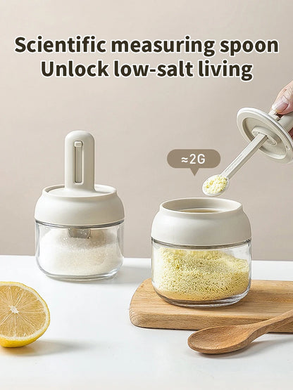 Glass Seasoning Jar with Telescopic Spoon: Moisture-Proof & Leak-Proof Kitchen Salt & Spice Storage Box with 2-in-1 Spoon Lid