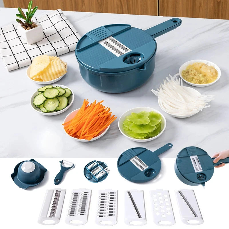 9-in-1 Multifunctional Vegetable Cutter with Drain Basket: Professional Mandoline Slicer, Grater & Shredder for Kitchen Meal Prep