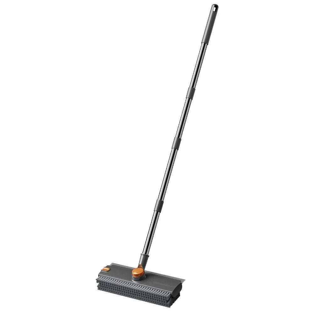 2-in-1 Floor Scrub Brush with Long Handle: 180° Rotating V-Shaped Grout Brush with Built-in Silicone Squeegee for Bathroom, Tile & Patio Cleaning