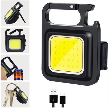 Ultra-Bright Mini LED Work Light: USB Rechargeable Keychain Flashlight with Magnetic Base, Bottle Opener & Foldable Stand for Camping & Emergency