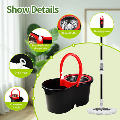 360° Spin Mop and Bucket System: Stainless Steel Wringer Basket with Microfiber Mop Heads - Efficient Floor Cleaning Set for Hardwood, Tile & Laminate