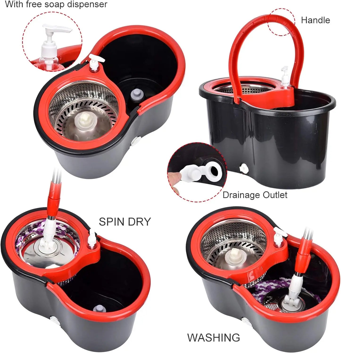 360° Spin Mop and Bucket System: Stainless Steel Wringer Basket with Microfiber Mop Heads - Efficient Floor Cleaning Set for Hardwood, Tile & Laminate