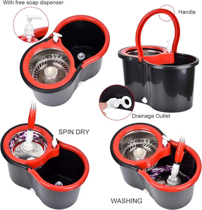 360° Spin Mop and Bucket System: Stainless Steel Wringer Basket with Microfiber Mop Heads - Efficient Floor Cleaning Set for Hardwood, Tile & Laminate