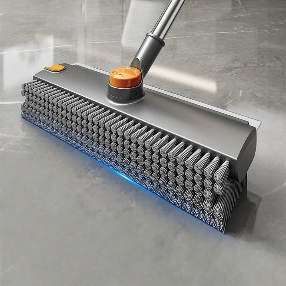 2-in-1 Floor Scrub Brush with Long Handle: 180° Rotating V-Shaped Grout Brush with Built-in Silicone Squeegee for Bathroom, Tile & Patio Cleaning