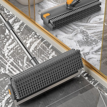 2-in-1 Floor Scrub Brush with Long Handle: 180° Rotating V-Shaped Grout Brush with Built-in Silicone Squeegee for Bathroom, Tile & Patio Cleaning