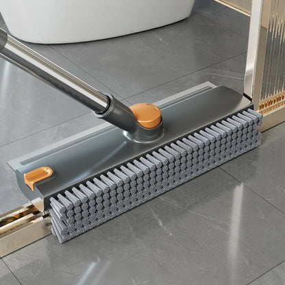 2-in-1 Floor Scrub Brush with Long Handle: 180° Rotating V-Shaped Grout Brush with Built-in Silicone Squeegee for Bathroom, Tile & Patio Cleaning