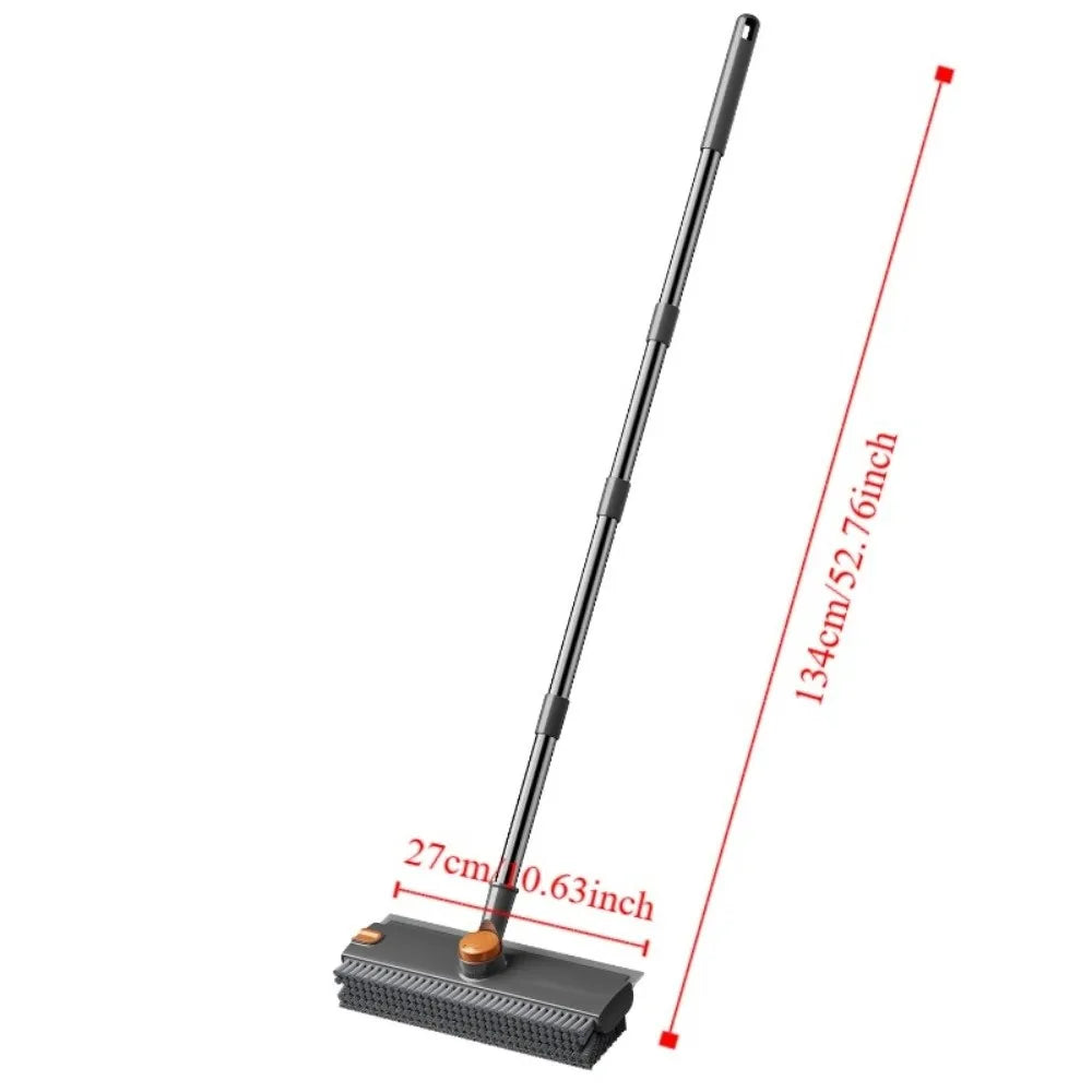 2-in-1 Floor Scrub Brush with Long Handle: 180° Rotating V-Shaped Grout Brush with Built-in Silicone Squeegee for Bathroom, Tile & Patio Cleaning