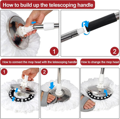 360° Spin Mop and Bucket System: Stainless Steel Wringer Basket with Microfiber Mop Heads - Efficient Floor Cleaning Set for Hardwood, Tile & Laminate