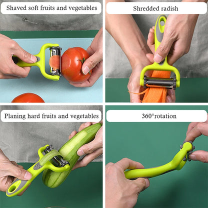 3-in-1 Multifunctional Rotary Peeler: Stainless Steel Julienne, Serrated & Standard Blades for Fruit, Vegetable & Potato Slicing