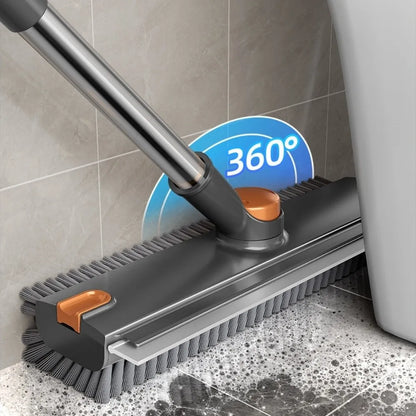 2-in-1 Floor Scrub Brush with Long Handle: 180° Rotating V-Shaped Grout Brush with Built-in Silicone Squeegee for Bathroom, Tile & Patio Cleaning