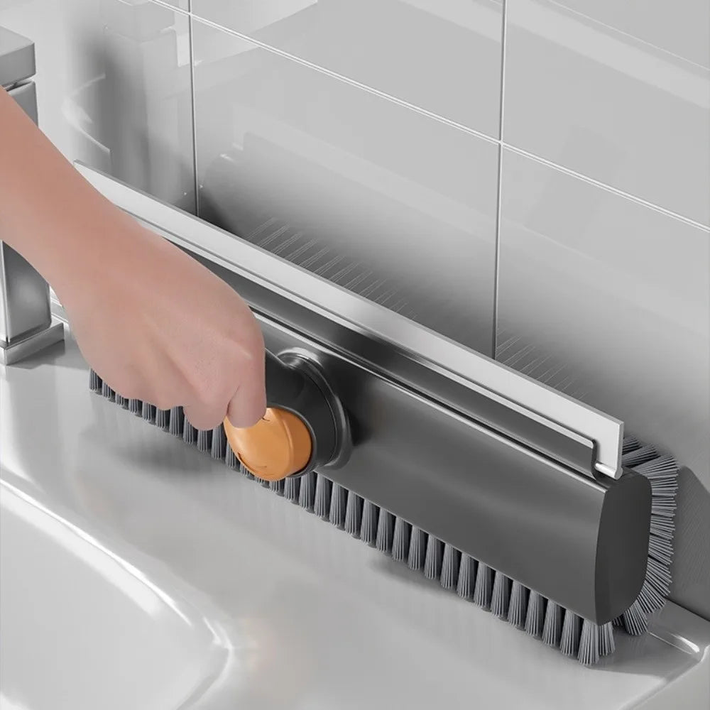 2-in-1 Floor Scrub Brush with Long Handle: 180° Rotating V-Shaped Grout Brush with Built-in Silicone Squeegee for Bathroom, Tile & Patio Cleaning