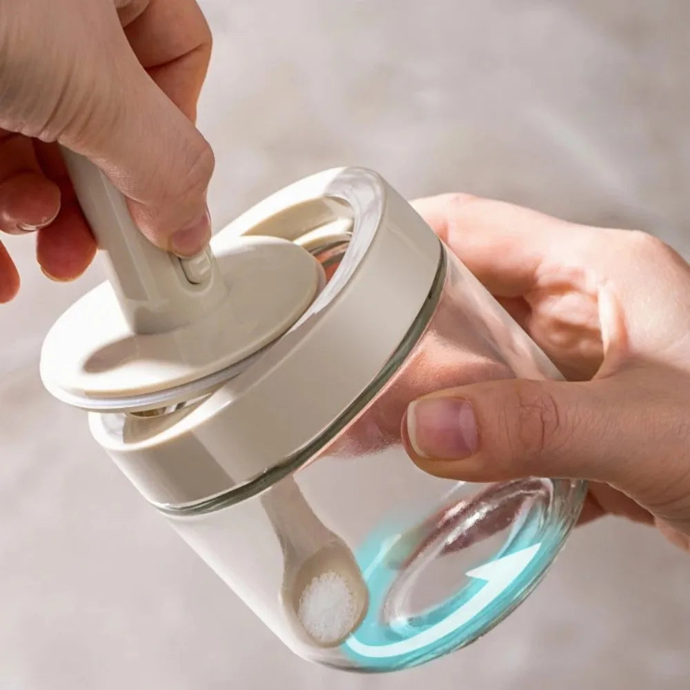 Glass Seasoning Jar with Telescopic Spoon: Moisture-Proof & Leak-Proof Kitchen Salt & Spice Storage Box with 2-in-1 Spoon Lid