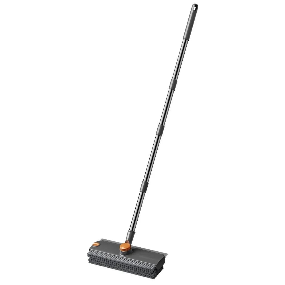 2-in-1 Floor Scrub Brush with Long Handle: 180° Rotating V-Shaped Grout Brush with Built-in Silicone Squeegee for Bathroom, Tile & Patio Cleaning