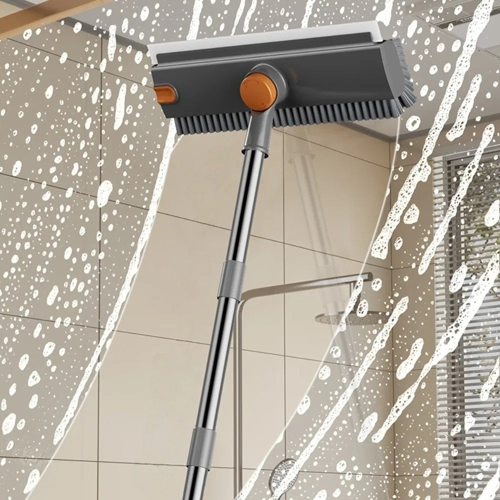 2-in-1 Floor Scrub Brush with Long Handle: 180° Rotating V-Shaped Grout Brush with Built-in Silicone Squeegee for Bathroom, Tile & Patio Cleaning
