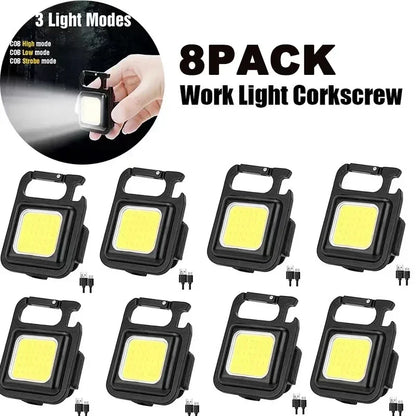 Ultra-Bright Mini LED Work Light: USB Rechargeable Keychain Flashlight with Magnetic Base, Bottle Opener & Foldable Stand for Camping & Emergency